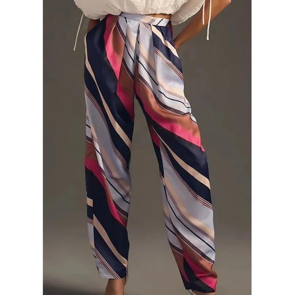By Anthropologie Silky Balloon Pants New ANTHRO Striped Slacks Pink Blue Cream - Picture 2 of 6